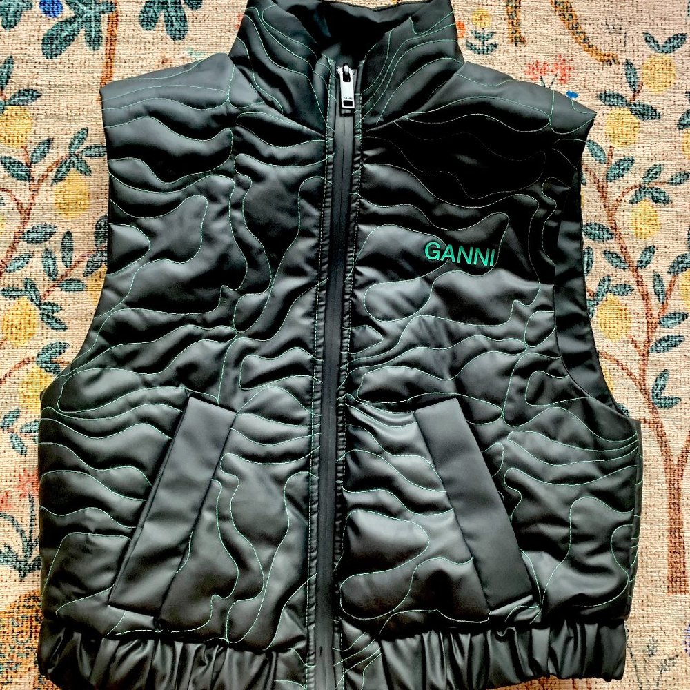 GANNI Black Vest with Green Abstract Quilting Recycled Polyester FW21